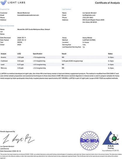 Meraki Blu USP Grade Methylene Blue Solution – Third-Party Tested 1% Liquid Formula, High Purity Blue Formula, 30ml Glass Dropper Bottle